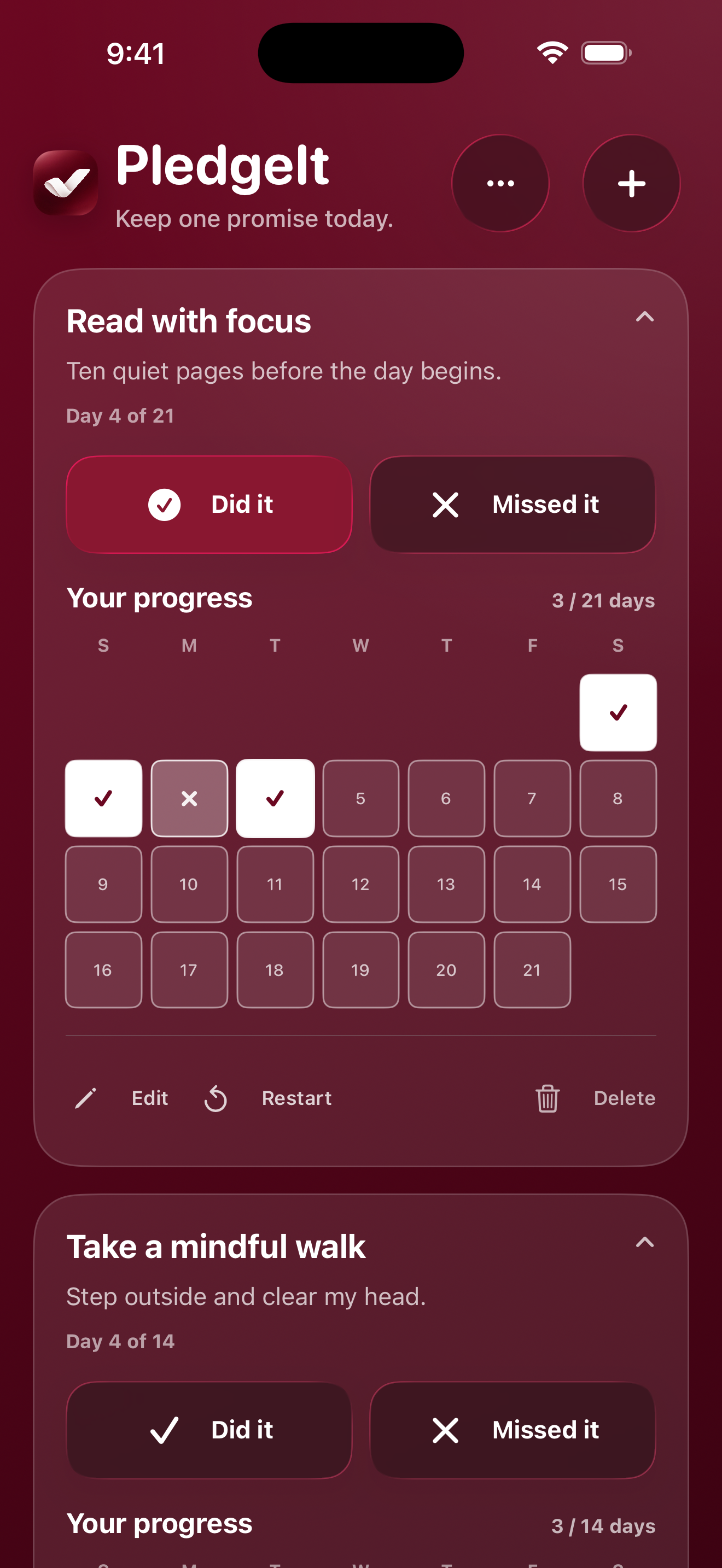 Pledge progress calendar
