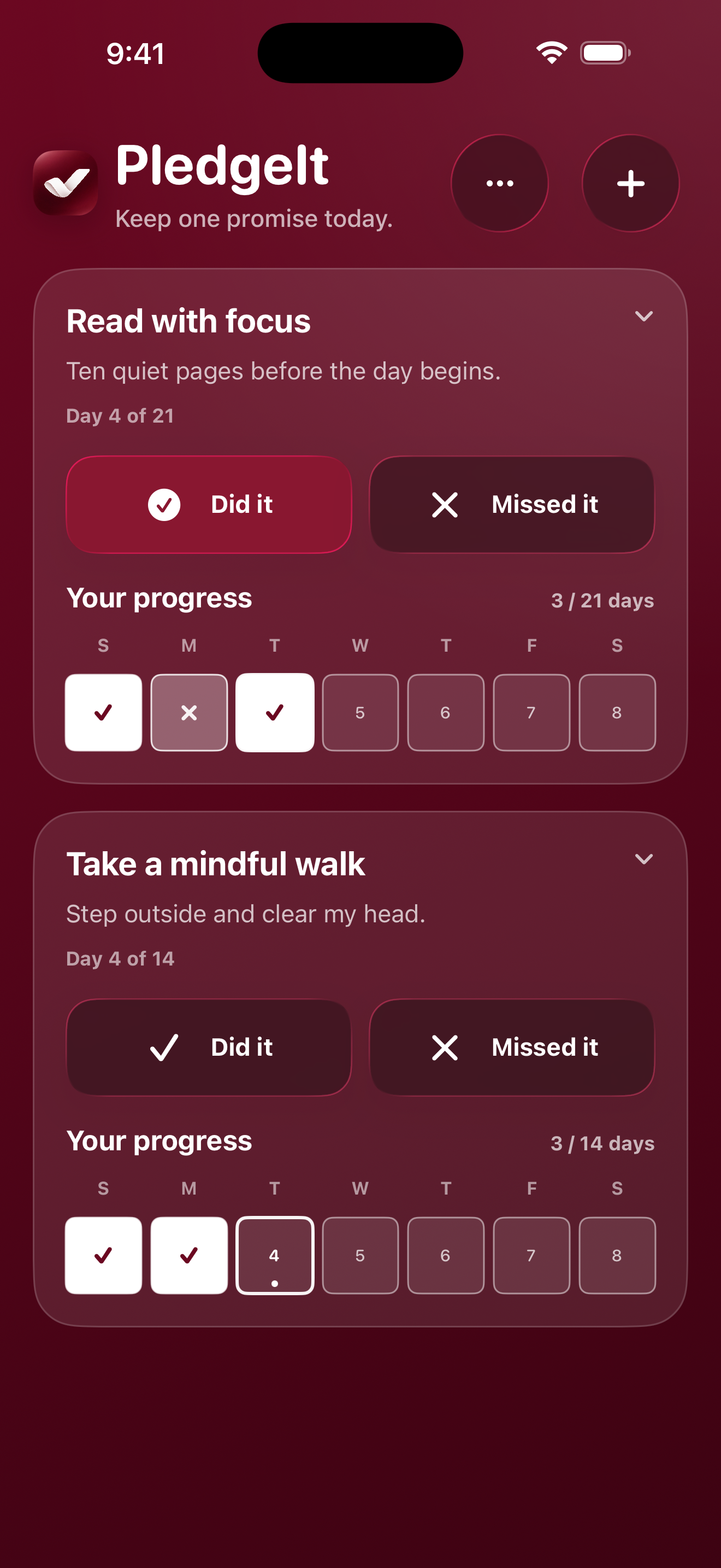 PledgeIt Today screen showing daily check-ins